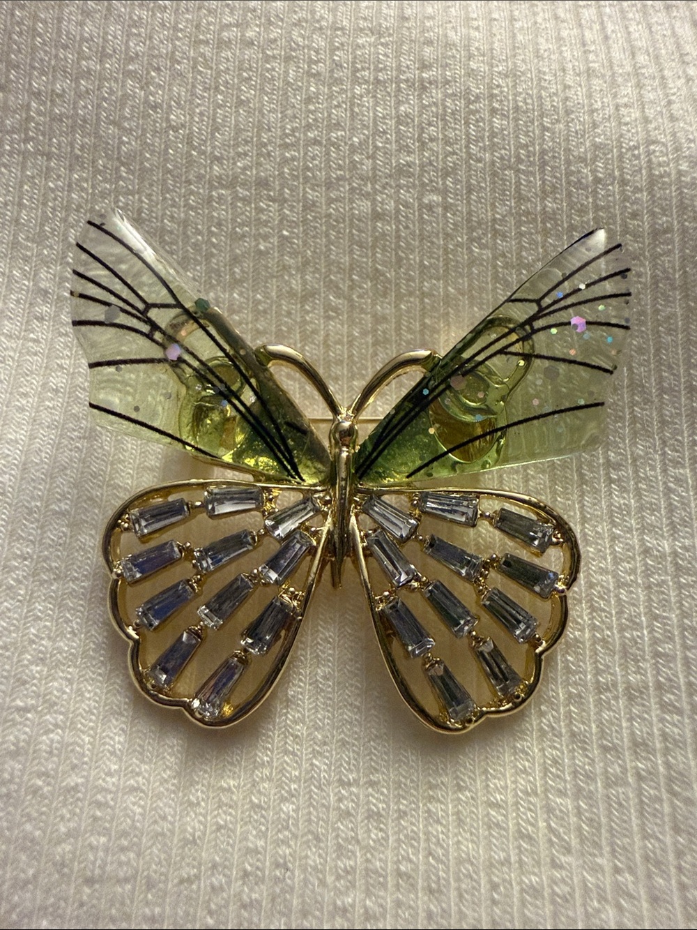 Gold and Green Butterfly Brooch with Crystal Accents